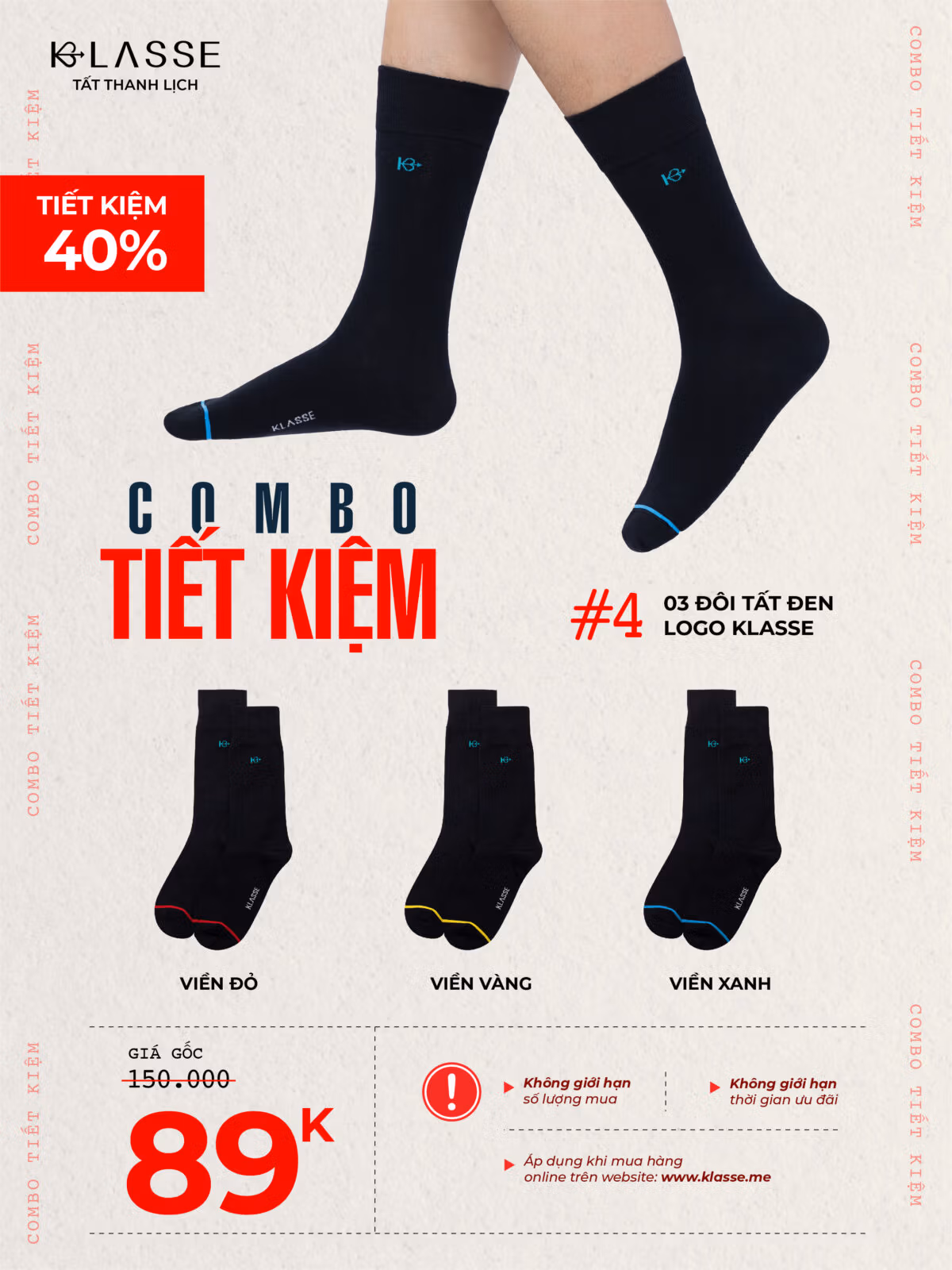 COMBO 03 ĐÔI TẤT KLASSE – LOGO ĐEN KẺ VÀNG/ĐỎ/XANH